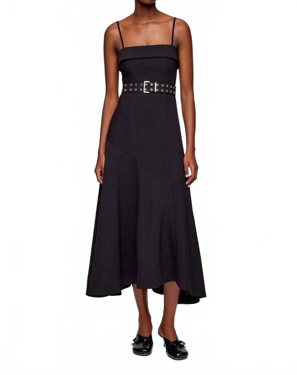 NEW GANNI future twill suiting long asymmetrical dress in black